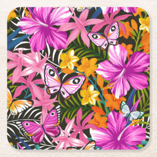 Porta-copo De Papel Quadrado Folhas e flores tropicais