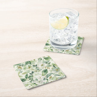 Porta-copo De Papel Quadrado Folhas Florais de Aquarela Verde Botânica Natureza