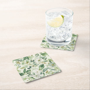 Porta-copo De Papel Quadrado Folhas Florais de Aquarela Verde Botânica Natureza