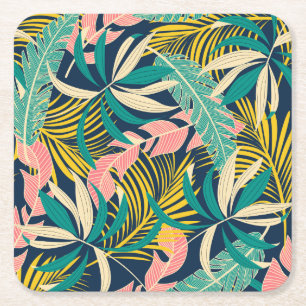 Porta-copo De Papel Quadrado Folhas tropicais coloridas: padrão de verão.