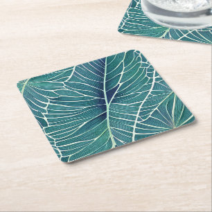 Porta-copo De Papel Quadrado Folhas tropicais de cor azul verde-aquática