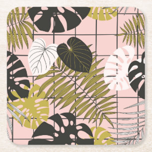 Porta-copo De Papel Quadrado Folhas tropicais, flores, padrão pintado à mão.