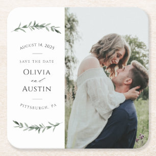 Porta-copo De Papel Quadrado Folheto Botânico Verde Guarde a Data