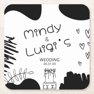 Porta-copo De Papel Quadrado Formas de Rabiscos Excêntricos Script Casamento