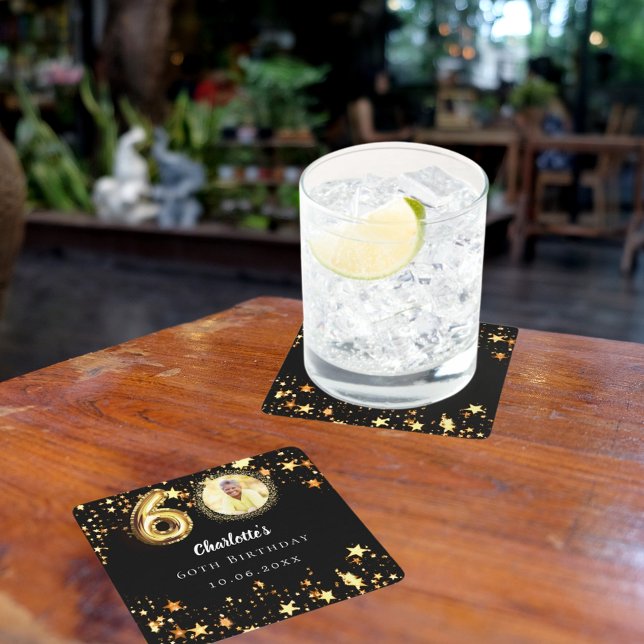 Porta-copo De Papel Quadrado Foto das estrelas douradas pretas do 60º aniversár (Criador carregado)