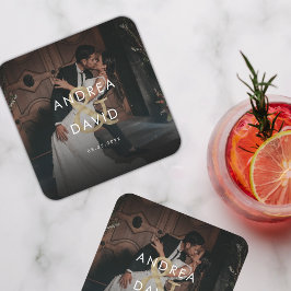 Porta-copo De Papel Quadrado Foto Escura e Monograma Casamento Preto Elegante