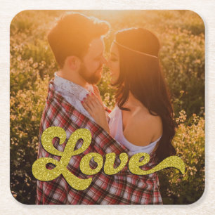 Porta-copo De Papel Quadrado Foto Personalizada com Sobreposição de Amor Dourad