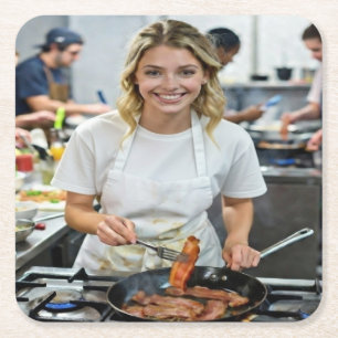 Porta-copo De Papel Quadrado Foto Personalizada de Bacon Cozinhando