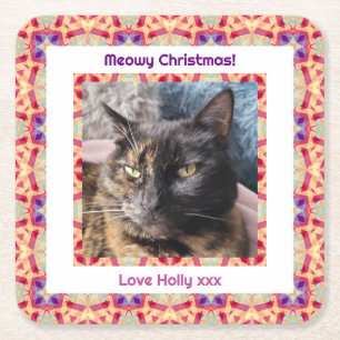 Porta-copo De Papel Quadrado Foto personalizada Feliz Natal Gato de Gato de Pet