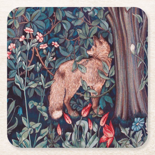 Porta-copo De Papel Quadrado Fox na Floresta, William Morris (Frente)