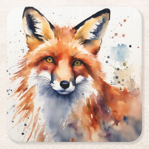 Porta-copo De Papel Quadrado Fox Retrato de Aquarela