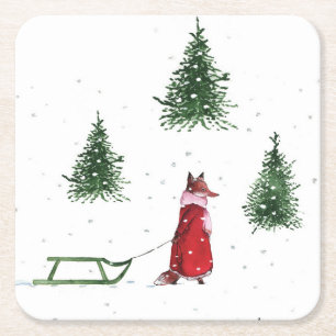 Porta-copo De Papel Quadrado Fox Snow Winter Christmas — Ilustração