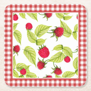 Porta-copo De Papel Quadrado Framboesas em Red Gingham 