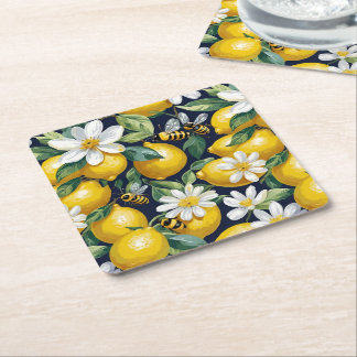 Porta-copo De Papel Quadrado Fresh Yellow Lemons With Busy Bees & White Blooms