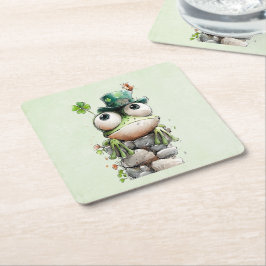 Porta-copo De Papel Quadrado Frog with Green Hat and Shamrock Cute