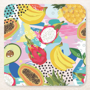Porta-copo De Papel Quadrado Frutas Tropicais, Padrão De Vintage Invisível.