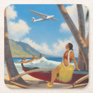 Porta-copo De Papel Quadrado Fuga do Paraíso Vintage Havaiano Garota Hula Aloha