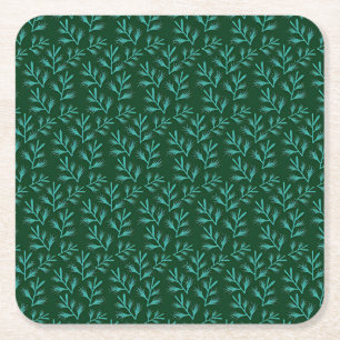 Porta-copo De Papel Quadrado Fundo Verde Escuro com Folhas Botânicas Turquesa