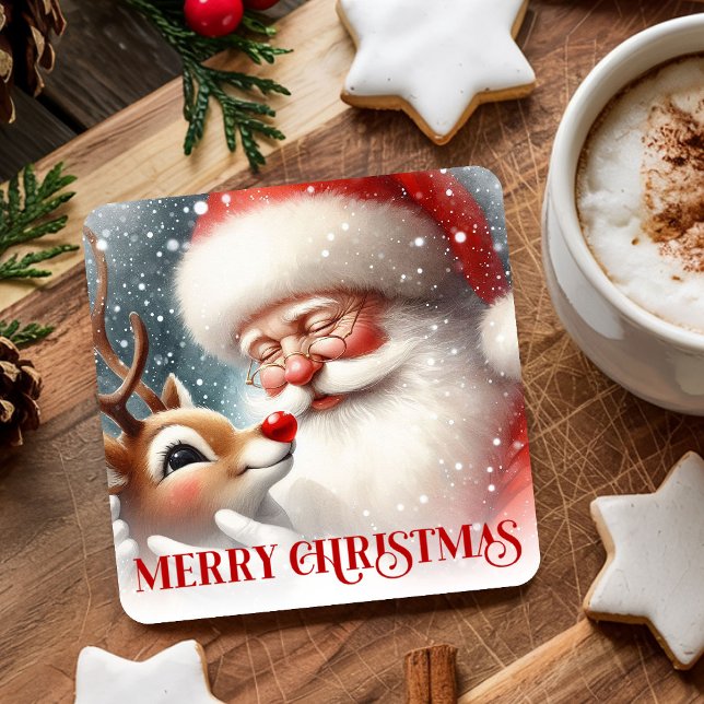 Porta-copo De Papel Quadrado Funny Holiday Paper Coasters Santa and Rudolph (Funny Holiday Paper Coasters Santa and Rudolph)