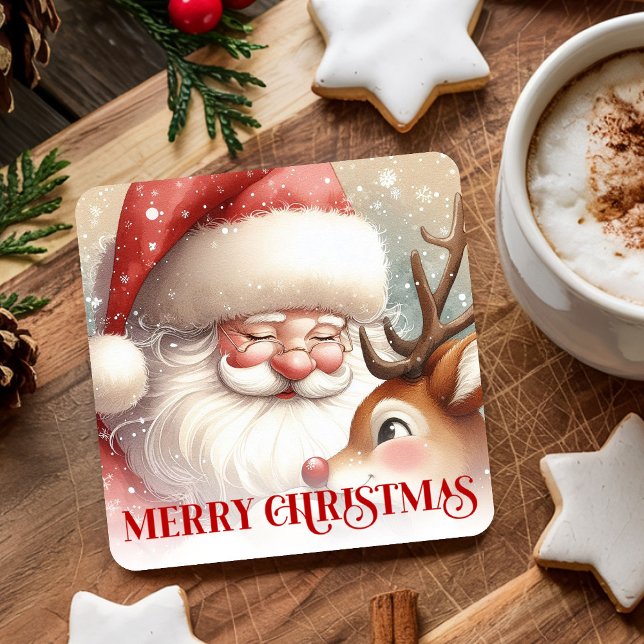 Porta-copo De Papel Quadrado Funny Rudolph Santa Cute Christmas Paper Coaster   (Funny Rudolph Santa Cute Christmas Paper Coaster Art

)
