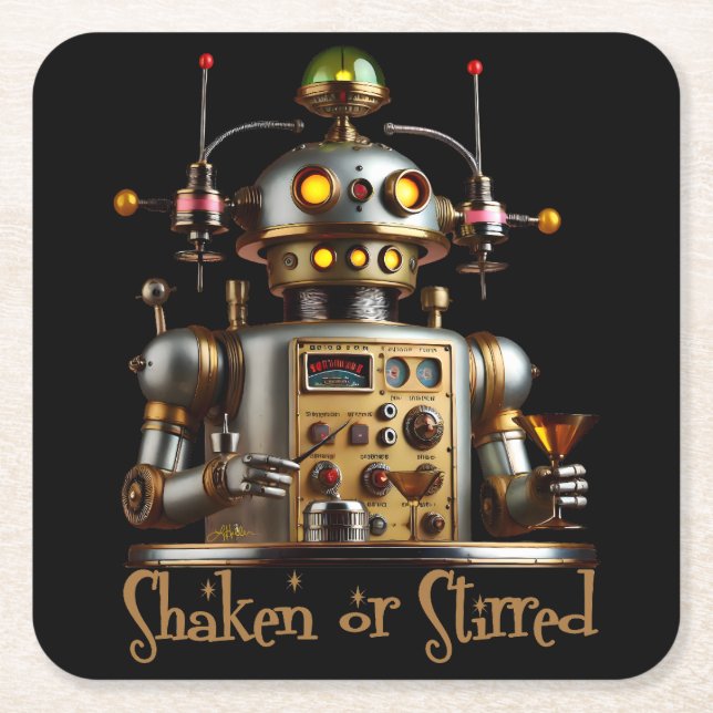 Porta-copo De Papel Quadrado Futuristic Robot Bartender "Shaken or Stirred" (Frente)