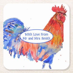Porta-copo De Papel Quadrado Galinha do Galo Vermelho Casamento Aquarela Azul