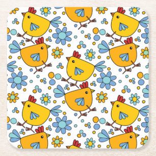 Porta-copo De Papel Quadrado Galinha e flor, de cor branca