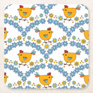 Porta-copo De Papel Quadrado Galinha e flor, de cor branca