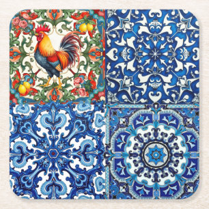 Porta-copo De Papel Quadrado Galo colorido,Mediterrâneo,mosaico,limão