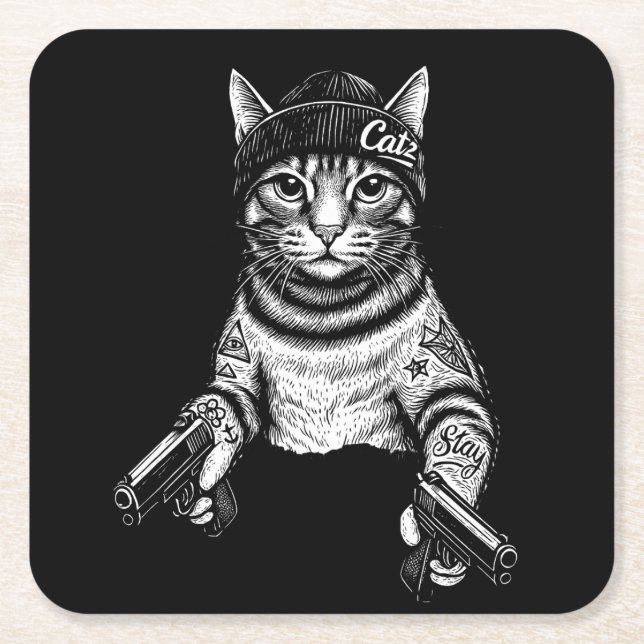 Porta-copo De Papel Quadrado Gangster Cat Tattoo Art | Cool Streetwear Kitty (Frente)