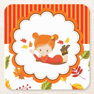 Porta-copo De Papel Quadrado Garota Adorável de outono Pintada à Mão