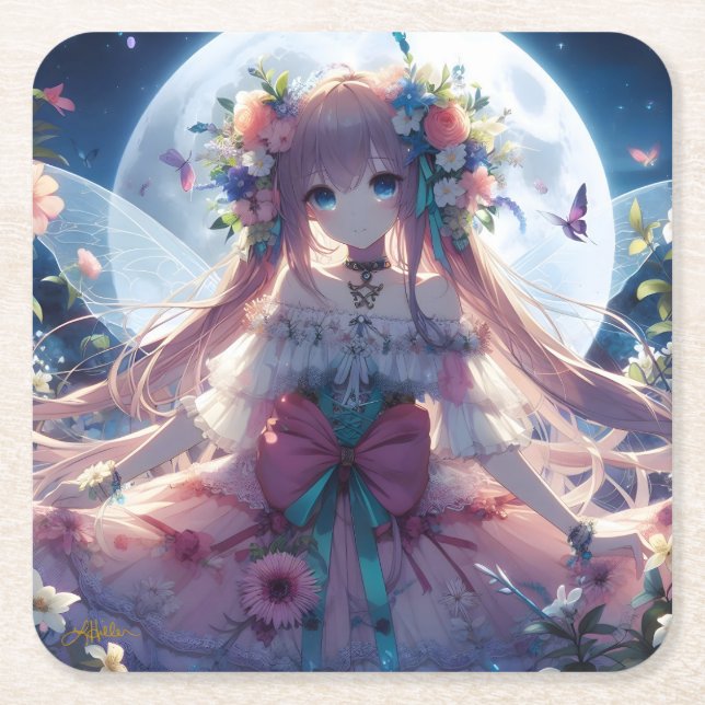 Porta-copo De Papel Quadrado Garota Anime Flor Lua Fada (Frente)