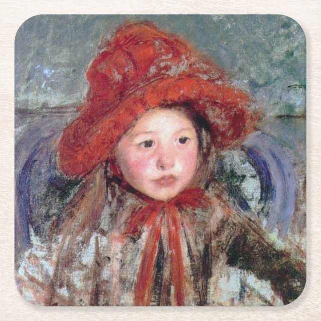 Porta-copo De Papel Quadrado Garota com chapéu vermelho grande, Mary Cassatt (Frente)