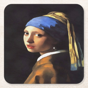 Porta-copo De Papel Quadrado Garota com pérolas ouvindo Johannes Vermeer