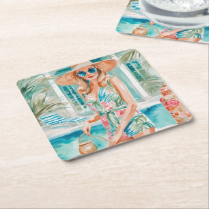 Porta-copo De Papel Quadrado Garota de Palma de Pílula de Aquarela na Piscina