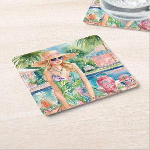 Porta-copo De Papel Quadrado Garota de Palma de Pílula de Aquarela na Piscina