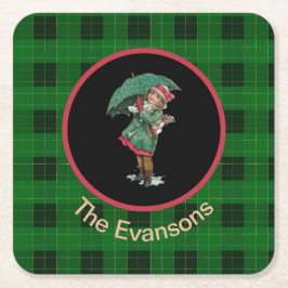 Porta-copo De Papel Quadrado Garota Vintage encantadora com guarda-chuva em ver