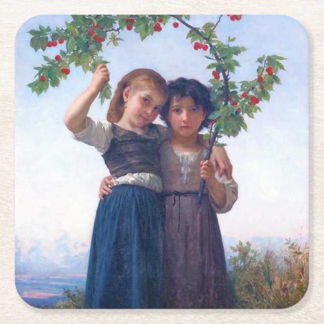 Porta-copo De Papel Quadrado Garotas com o Ramal de Cereja, Bouguereau (Frente)