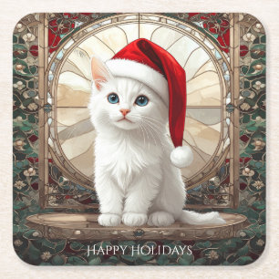 Porta-copo De Papel Quadrado Gatinho Branco com Chapéu de Papai Noel