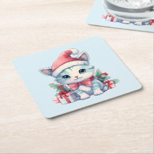 Porta-copo De Papel Quadrado Gatinho Fofo de Chapéu de Papai Noel Natal
