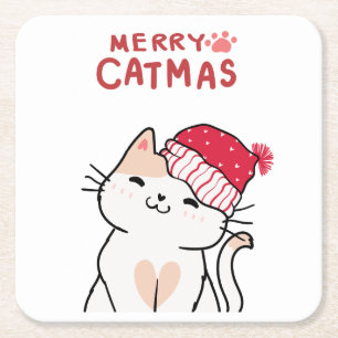 Porta-copo De Papel Quadrado Gatinho Fofo de Natal Chapéu do Papai Noel Vermelh