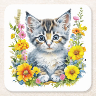 Porta-copo De Papel Quadrado Gatinhos de aquarela em Flores Amarelas e Rosa