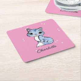 Porta-copo De Papel Quadrado Gato azul bonito com nome personalizado rosa