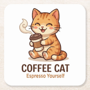 Porta-copo De Papel Quadrado Gato Café Espresso a Si Mesmo Gatinho Fofo