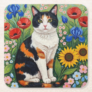 Porta-copo De Papel Quadrado Gato Calico e Girassóis Arte Popular
