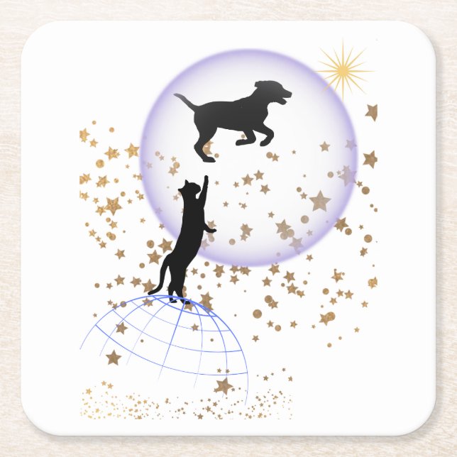 Porta-copo De Papel Quadrado Gato curioso e cão correndo (Frente)