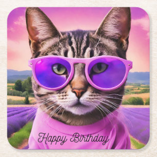 Porta-copo De Papel Quadrado Gato de aniversário em campo de lavanda