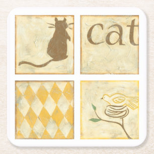 Porta-copo De Papel Quadrado Gato de Brown e pássaro amarelo por Chariklia