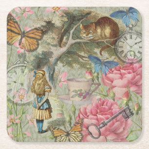 Porta-copo De Papel Quadrado Gato de Cheshire Alice Jardim da Árvore do País da