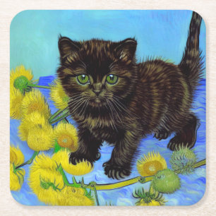 Porta-copo De Papel Quadrado Gato de estilo Van Gogh com Sunflower